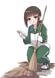  1girl absurdres bauxite black_hair broom commentary_request fubuki_(kancolle) gloves green_eyes green_pants highres huge_filesize jacket kantai_collection long_hair low_ponytail multicolored_jacket pants ponytail rock short_ponytail sidelocks simple_background smile solo squatting track_jacket track_pants track_suit two-tone_jacket uut white_background white_footwear white_gloves 