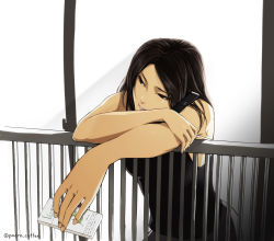  1girl apple_inc. balcony bare_shoulders black_eyes black_hair black_shirt cellphone cigarette cigarette_pack duplicate fingernails head_rest highres iphone looking_to_the_side original outstretched_arm phone pixel-perfect_duplicate poaro railing shirt smartphone solo tank_top twitter_username window 