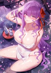  1girl bare_shoulders bb_(fate) bb_(fate/extra) blush breasts cleavage collarbone fate/grand_order fate_(series) hair_ribbon highres large_breasts long_hair looking_at_viewer m-da_s-tarou monochrome naked_towel non-web_source nude paid_reward pregnant red_ribbon ribbon sitting smile soaking_feet solo thighs tongue tongue_out towel water wet 