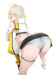  1girl :3 absurdres ahoge ass ass_focus bent_over blonde_hair blue_eyes blush butt_crack clothing_cutout commentary_request cropped_jacket curvy elegg_(nikke) eyes_visible_through_hair fang goddess_of_victory:_nikke hair_intakes hands_on_own_knees highres huge_ass looking_at_viewer looking_back open_mouth shiny_skin short_shorts shorts shoulder_cutout simple_background solo su_(sconbuoishi) thigh_strap white_background wide_hips  rating:Sensitive score:34 user:danbooru