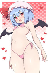  1girl :d bat_wings bikini black_wings blue_hair blush breasts cameltoe commentary_request covered_erect_nipples from_below gradient_background hat heart highres loli long_hair mob_cap navel open_mouth pink_bikini pink_hat polka_dot polka_dot_background red_eyes remilia_scarlet rizento short_hair side-tie_bikini_bottom small_breasts smile solo standing swimsuit thighs touhou white_background wings  rating:Questionable score:84 user:danbooru