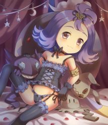  1girl acerola_(pokemon) armlet black_panties black_thighhighs blush bow choker closed_mouth corset creatures_(company) crescent curtains drifblim flat_chest flipped_hair frilled_panties frilled_thighhighs frills game_freak gen_3_pokemon gen_4_pokemon gen_7_pokemon hand_on_another&#039;s_head highres jewelry knee_up leaning_back lingerie loli looking_at_viewer mimikyu multicolored_clothes multicolored_legwear nintendo off_shoulder panties petals pokemon pokemon_(creature) pokemon_sm porocha sableye side-tie_panties sitting star_(symbol) thighhighs underwear  rating:Questionable score:101 user:Domestic_Importer