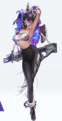  1girl absurdres arms_up black_hair chain cuffs goddess_of_victory:_nikke gun highres kkuem mask multicolored_hair official_art pants ponytail purple_eyes rifle scan shackles sin_(nikke) solo sports_bra sportswear tight_clothes tight_pants weapon white_hair yoga_pants 
