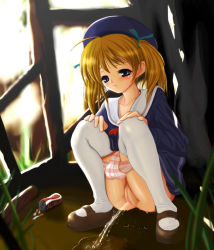 1girl artist_request black_footwear blonde_hair blue_eyes blue_headwear blue_shirt blue_skirt blush can censored character_request cigarette coca-cola collarbone drink_can grass hair_ribbon hands_on_own_knees hat loli long_hair long_sleeves looking_down mary_janes neckerchief panties panty_pull peeing pink_panties puddle pussy red_neckerchief ribbon school_uniform shirt shoes skirt soda_can squatting striped_clothes striped_panties thighhighs tree twintails underwear white_panties white_thighhighs rating:Explicit score:8 user:cpee