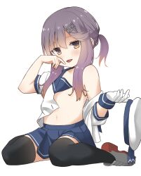  1girl absurdres blue_skirt blush flat_chest gloves hair_between_eyes hat highres holding holding_clothes holding_hat kantai_collection loli long_hair looking_at_viewer mole mole_under_eye nipples open_clothes open_mouth partially_undressed purple_hair school_uniform serafuku skirt soba_(sobaya1938) solo tsushima_(kancolle) undressing unworn_hat unworn_headwear white_gloves yellow_eyes 