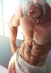  1boy abs absurdres aenaluck artist_name bara beard chest_hair closed_eyes closed_mouth facial_hair grey_hair highres large_pectorals male_focus master_(aenaluck) muscular muscular_male naked_towel navel navel_hair nipples original pectorals short_hair solo towel towel_around_waist  rating:Questionable score:4 user:danbooru