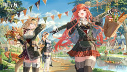  3girls animal_ears aqua_eyes arknights arms_behind_head bagpipe_(arknights) black_gloves blonde_hair blue_sky boots bouquet braid closed_eyes facing_viewer floating_hair flower gloves hands_up highres holding holding_bouquet horn_(arknights) jacket long_hair long_sleeves multiple_girls official_art open_clothes open_jacket open_mouth orange_hair outdoors parted_lips pointy_ears red_skirt saileach_(arknights) skirt sky smile standing teeth thigh_boots thighhighs u_jie upper_teeth_only white_thighhighs 