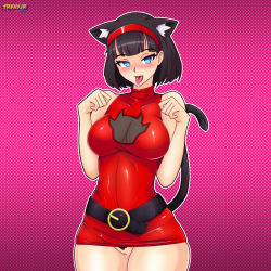 1girl animal_ears bare_shoulders black_hair blue_eyes blush bottomless breasts cat_ears cat_tail dragon_ball dragon_ball_super dragonball_z female_focus female_pubic_hair frenxir hairband heart heart-shaped_pupils highres large_breasts looking_at_viewer open_mouth pubic_hair pussy short_hair solo standing symbol-shaped_pupils tail tongue tongue_out uncensored videl rating:Explicit score:51 user:DarthDaniel96