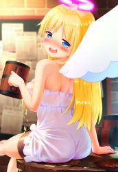 1girl 1other @_@ absurdres alcohol angel beer blonde_hair blue_eyes blush cedar_(cedar_japonica) crimvael drunk highres ishuzoku_reviewers long_hair money see-through sitting skindentation solo wings rating:Questionable score:87 user:FabricioDias
