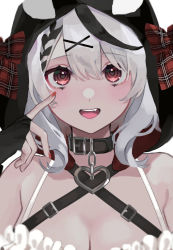  1girl animal_hood bangs bare_shoulders black_gloves black_hair blush bow breasts camisole cleavage collar commentary fingerless_gloves gloves grey_hair hair_between_eyes hair_bow hair_ornament heart heart-shaped_pupils hololive hood large_breasts lbinowa looking_at_viewer medium_hair multicolored_hair nail_polish open_mouth orca_hood plaid plaid_bow pointing pointing_at_self portrait red_eyes red_nails sakamata_chloe solo straight-on streaked_hair symbol-only_commentary symbol-shaped_pupils teeth tongue upper_teeth virtual_youtuber white_camisole x_hair_ornament 