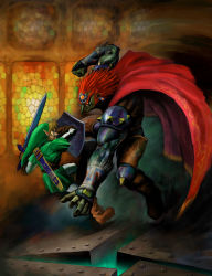 absurdres charging_forward colored_skin ganondorf green_skin highres holding holding_sword holding_weapon incoming_attack link male_focus nintendo official_art oil_painting_(medium) painting_(medium) pointy_ears shoulder_spikes sideburns spikes sword the_legend_of_zelda the_legend_of_zelda:_ocarina_of_time thick_eyebrows traditional_media tunic weapon rating:Sensitive score:19 user:forum