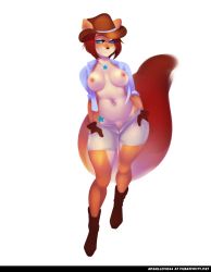  1girl angellove44 blue_eyes boots breasts copyright_request cowboy_western curvy female_focus full_body furry furry_female hat highres nipples solo squirrel white_background  rating:Questionable score:29 user:gingersnaps