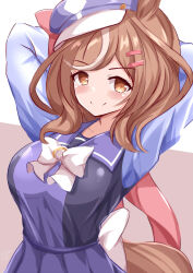  &gt;:) 1girl animal_ears arms_behind_head arms_up blue_hat blush bow breasts brown_background brown_hair cabbie_hat closed_mouth commentary_request hair_ornament hairclip hat highres horse_ears horse_girl horse_tail looking_at_viewer matikane_tannhauser_(umamusume) medium_breasts multicolored_hair one-hour_drawing_challenge pleated_skirt purple_shirt purple_skirt school_uniform shirt skirt smile solo streaked_hair tail tilted_headwear tracen_school_uniform two-tone_background umamusume v-shaped_eyebrows white_background white_bow white_hair xenon_(for_achieve) 