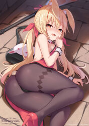 1girl animal_ear_fluff animal_ears ass black_panties black_pantyhose blonde_hair blush breasts brown_eyes cameltoe commentary copyright_notice dress female_focus from_behind hand_to_own_mouth high_heels highres legs leotard little_witch_nobeta long_hair looking_at_viewer looking_back lying milkshakework nobeta official_art on_side panties pantyhose playboy_bunny rabbit_ears rabbit_tail red_dress red_footwear ribbon shoes sideboob small_breasts solo tail thighs twintails underwear wrist_cuffs rating:Sensitive score:146 user:danbooru