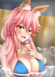  1girl animal_ears bikini blue_bikini blush breasts cleavage collarbone fate_(series) fox_ears hand_on_own_chest highres jewelry large_breasts long_hair looking_at_viewer nagishy necklace night night_sky open_mouth pink_hair sky solo swimsuit tamamo_(fate) tamamo_no_mae_(fate/extra) tamamo_no_mae_(swimsuit_lancer)_(fate) water yellow_eyes  rating:Sensitive score:15 user:danbooru