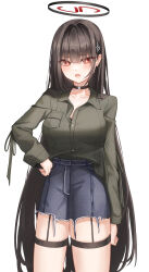  1girl black_choker black_hair black_shirt black_shorts blue_archive blush breasts choker cleavage collared_shirt cowboy_shot hair_ornament hairpin halo highres large_breasts long_hair long_sleeves looking_at_viewer melt_(melt_out1) red_eyes ringed_eyes rio_(blue_archive) shirt shorts simple_background solo white_background 