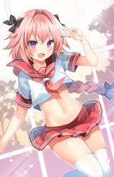 1boy :d astolfo_(fate) astolfo_(sailor_paladin)_(fate) black_bow bow braid collarbone crop_top crop_top_overhang fang fate/grand_order fate_(series) hair_bow hair_intakes hand_up kurot long_hair looking_at_viewer male_focus midriff miniskirt navel neckerchief official_alternate_costume open_mouth petals pink_hair pleated_skirt purple_eyes red_sailor_collar red_skirt sailor_collar school_uniform serafuku shirt short_sleeves single_braid skirt smile solo sparkle thighhighs trap v very_long_hair white_shirt white_thighhighs rating:Sensitive score:24 user:danbooru