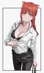  1girl absurdres animal_ears black_pants blush braid braided_ponytail breasts cat_ears chainsaw_man cleavage collared_shirt cowboy_shot highres looking_at_viewer makima_(chainsaw_man) medium_breasts necktie unworn_necktie pants red_hair shiren_(ourboy83) shirt shirt_tucked_in simple_background solo symbol-shaped_pupils unbuttoned unbuttoned_shirt white_background white_shirt yellow_eyes  rating:Sensitive score:44 user:danbooru