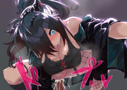  1boy 1girl animal_ears asymmetrical_legwear black_hair blue_eyes breasts cleavage cum cum_in_pussy cum_overflow earrings ejaculation fishnet_thighhighs fishnets hair_over_one_eye highres jewelry large_breasts missile_(55missile) multiple_earrings puzzle_&amp;_dragons roche_(p&amp;d) sex solo_focus squatting_cowgirl_position tagme thighhighs vaginal 