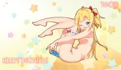  1girl abstract_background absurdres ahoge ass asymmetrical_bangs blonde_hair blue_eyes blush bow breasts completely_nude controller curled_up english_text facial_mark feet female_focus female_masturbation frills from_side hair_between_eyes hair_bow hair_ornament hand_on_own_thigh happy_birthday highres japanese_text knees_up loli masturbation multicolored_background navel nintendo_switch nipples nude one_eye_closed open_mouth original outstretched_arm pointy_ears red_bow shadow short_ponytail simple_background skull_hair_ornament slit_pupils small_breasts solo star_(symbol) stomach thigh_strap thighs toes triangle triangle_facial_mark wavy_mouth white_background wince yellow_background 