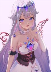  1girl absurdres bare_shoulders black_corset blush bracelet breasts chest_jewel collar collarbone corset detached_collar dress elbow_gloves gloves grey_hair hair_flaps highres hololive hololive_english jewelry koseki_bijou koseki_bijou_(1st_costume) long_hair looking_at_viewer material_growth open_mouth purple_background purple_eyes simple_background sleeveless sleeveless_dress small_breasts smile solo strapless strapless_dress tiara very_long_hair vii22581034 virtual_youtuber white_collar white_dress white_gloves wings 