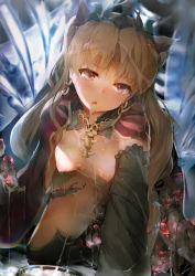 1girl all_fours black_thighhighs blonde_hair blush bowl breasts cape claws cum cum_in_container cumdrip detached_sleeves earrings ereshkigal_(fate) fate/grand_order fate_(series) foreshortening hair_ribbon hanging_breasts head_tilt highres jewelry long_hair long_sleeves looking_at_viewer miurahha naked_cape necklace nipples open_mouth parted_bangs pendant pet_bowl red_eyes red_ribbon ribbon skull small_breasts solo tearing_up tears tentacles thigh_grab thighhighs tiara tohsaka_rin very_long_hair rating:Explicit score:97 user:danbooru