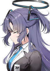  1girl absurdres black_jacket blue_archive blue_necktie breasts closed_eyes closed_mouth collared_shirt commentary from_side halo highres jacket lisu long_hair medium_breasts necktie parted_bangs profile purple_hair shirt simple_background solo two_side_up upper_body white_background white_shirt yuuka_(blue_archive) 