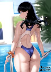 1girl ass back_cutout black_hair blue_one-piece_swimsuit blurry blurry_background clothing_cutout commentary competition_swimsuit cowboy_shot day english_commentary floating_hair from_behind gridman_universe highleg highleg_swimsuit highres legs_together long_hair looking_at_viewer one-piece_swimsuit orange_scrunchie outdoors paid_reward_available parted_lips patreon_logo patreon_username pool pool_ladder profile scrunchie skindentation solo ssss.gridman swimsuit takarada_rikka thighs tree twitter_logo twitter_username two-tone_swimsuit water wet white_one-piece_swimsuit wide_hips wrist_scrunchie zasshu rating:Sensitive score:110 user:danbooru