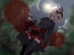  1girl absurdres axe black_hoodie black_thighhighs blonde_hair blood blood_in_hair blood_on_clothes blood_on_face bloody_weapon blurry blurry_foreground dutch_angle flat_chest from_below full_moon hair_over_one_eye highres holding holding_axe hood hood_down hoodie idolmaster idolmaster_cinderella_girls idolmaster_cinderella_girls_starlight_stage long_sleeves looking_at_viewer maka073 mask mask_on_head miniskirt moon night night_sky on_grass open_mouth plaid plaid_skirt pleated_skirt red_eyes red_skirt shirasaka_koume short_hair skirt sky sleeves_past_fingers sleeves_past_wrists smile solo standing thighhighs tree weapon zettai_ryouiki 