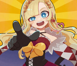  1girl black_gloves blonde_hair blue_eyes bow braid cape dress forehead gloves hand_on_own_hip highres kajiyuta long_hair multicolored_hair open_mouth optie_animation original pointing queen_aluett red_dress tagme uneven_eyes very_long_hair  rating:General score:3 user:Till_death