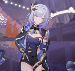  1girl absurdres black_shorts blue_hair breasts bright_pupils cleavage elysia_(honkai_impact) game_cg hair_ornament herrscher_of_corruption highres honkai_(series) honkai_impact_3rd long_hair looking_at_viewer medium_breasts official_art pointy_ears red_eyes short_shorts shorts smile solo standing stitched thigh_strap thighs third-party_edit tight_clothes  rating:Sensitive score:10 user:EdWin02