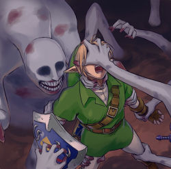  1boy arm_grab bad_id bad_pixiv_id belt blonde_hair covering_own_eyes creepy dead_hand earrings gloves hand_on_another&#039;s_face hat horror_(theme) hylian_shield jewelry leg_grab link lowres male_focus multiple_hands nintendo no_pupils open_mouth pants shield shirt shiwashiwa_no_kinchakubukuru smile standing sword teeth the_legend_of_zelda the_legend_of_zelda:_ocarina_of_time tunic weapon you_gonna_get_raped  rating:Sensitive score:63 user:coldbell