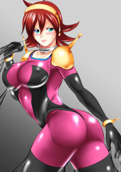 1girl absurdres angry ass blue_eyes blush bodysuit breasts covered_erect_nipples earrings female_focus g_gundam gundam hairband highres jewelry kogawawaki large_breasts looking_at_viewer mobile_trace_suit rain_mikamura shiny_clothes shiny_skin short_hair skin_tight solo rating:Questionable score:25 user:armorcrystal