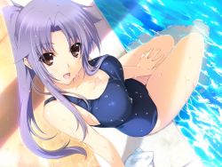  1girl arm_support bare_shoulders breasts brown_eyes cleavage fingernails from_above game_cg hand_on_thigh iizuki_tasuku long_hair looking_at_viewer looking_up lovely_x_cation lovely_x_cation_2 narukawa_hime one-piece_swimsuit open_mouth ponytail pool purple_hair shade sitting soaking_feet solo swimsuit thighs water wet  rating:Sensitive score:62 user:Benkei...mmm