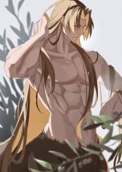 1boy abs absurdres adjusting_hair blurry blurry_foreground branch brown_hair centaur chiron_(fate) closed_mouth collarbone eyelashes fate/grand_order fate_(series) from_side haruakira highres large_pectorals long_hair looking_down male_focus mature_male monster_boy muscular muscular_male pectorals solo taur topless_male very_long_hair rating:Sensitive score:6 user:danbooru