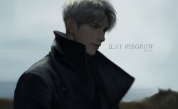  1boy black_coat character_name closed_mouth cloud cloudy_sky coat expressionless grey_hair highres ilay_riegrow male_focus ocean outdoors passion_(manhwa) plyu realistic short_hair sky solo twitter_username upper_body 
