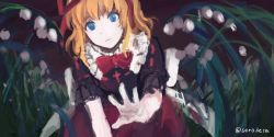  1girl blonde_hair blue_eyes bow doll frilled_shirt frilled_shirt_collar frilled_sleeves frills highres lily_pad medicine_melancholy nameless_hill one-hour_drawing_challenge outdoors puffy_short_sleeves puffy_sleeves reaching reaching_towards_viewer red_bow red_neckwear red_ribbon ribbon sero3eta shirt short_hair short_sleeves solo touhou 