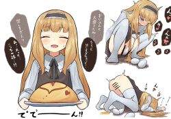  1girl anus ass az84997592 bar_censor blonde_hair blue_eyes blush censored cleft_of_venus closed_eyes dress drooling egg egg_laying food hairband highres holding holding_plate ketchup long_hair long_sleeves no_panties omelet one_eye_closed open_mouth original plate pussy sequential simple_background solo squatting sweatdrop thighhighs top-down_bottom-up translation_request white_background white_thighhighs wince  rating:Explicit score:18 user:danbooru