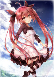 1girl ahoge black_shirt breasts candy clothes_lift cloud cloudy_sky commentary_request date_a_live day dress dress_lift food frilled_dress frills hair_between_eyes hair_ribbon highres holding holding_clothes holding_dress itsuka_kotori kaisu leg_up lollipop long_hair long_sleeves looking_at_viewer looking_to_the_side outdoors red_eyes red_hair ribbon shirt shoes sidelocks sky sleeveless sleeveless_dress small_breasts solo striped_clothes striped_thighhighs thighhighs twintails very_long_hair water_drop white_dress rating:General score:19 user:danbooru