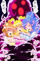  3girls :o aono_miki black_background blonde_hair blue_footwear blue_skirt blue_thighhighs boots bow breasts choker cleavage closed_eyes cure_berry cure_peach cure_pine dc@acis dress drill_hair earrings energy_drain fresh_precure! frilled_dress frilled_skirt frills hair_ornament hair_ribbon heart heart_hair_ornament high_heels highres jewelry knee_boots kneehighs large_breasts long_hair magical_girl midriff momozono_love multiple_girls open_mouth orange_dress orange_eyes orange_hair orange_legwear pink_bow pink_dress pink_eyes pink_footwear pink_legwear ponytail precure puffy_sleeves purple_eyes purple_hair ribbon screaming shirt short_hair side_ponytail skirt slime_(creature) slime_(substance) socks standing teeth thighhighs thighs translation_request twintails upper_teeth_only very_long_hair wrist_cuffs yamabuki_inori 