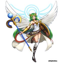  1girl breasts chain collarbone diadem dress full_body gold_chain green_eyes green_hair highres holding holding_staff kid_icarus kid_icarus_uprising long_hair nintendo palutena phiphi-au-thon shield simple_background single_thighhigh solo staff strapless strapless_dress thighhighs twitter_username vambraces very_long_hair white_background white_wings wings 