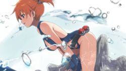 1girl ahonoko alternate_hair_color arm_support ass bare_arms bare_shoulders bent_over blue_gloves blue_one-piece_swimsuit blurry blurry_background blurry_foreground blush breasts cleavage commentary_request creatures_(company) elbow_gloves fingerless_gloves from_side game_freak gen_1_pokemon gloves highres lapras large_breasts medium_hair misty_(pokemon) nintendo one-piece_swimsuit orange_hair poke_ball poke_ball_(basic) pokemon pokemon:_the_electric_tale_of_pikachu pokemon_(creature) riding riding_pokemon shiny_skin side_ponytail slingshot_swimsuit splashing swimsuit water water_drop wet wet_clothes wet_swimsuit white_background wide_hips 