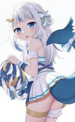  1girl absurdres arm_garter ass bare_shoulders blue_eyes blue_hair blush bow bridal_garter character_hair_ornament check_commentary cheerleader commentary_request cowboy_shot criss-cross_back-straps ebi-chan_(gawr_gura) fang fins fish_tail from_side gawr_gura grey_hair hair_bow hair_ornament hair_ribbon halter_shirt halterneck highres holding holding_pom_poms hololive hololive_english lifted_by_tail long_hair looking_at_viewer miniskirt multicolored_hair open_mouth pleated_skirt pom_pom_(cheerleading) pom_poms ribbon shark_tail shirt shrimp_hair_ornament simple_background skin_fang skirt snmdx solo streaked_hair tail thighlet virtual_youtuber white_background white_shirt white_skirt 