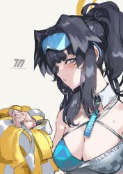  1girl animal_ears black_hair blue_archive blue_eyes breasts character_name cheerleader cleavage clothes_writing dog_ears dog_girl eyewear_on_head grey_background halo hibiki_(blue_archive) hibiki_(cheer_squad)_(blue_archive) holding holding_pom_poms kumonji_aruto looking_at_viewer medium_breasts millennium_cheerleader_outfit_(blue_archive) parted_lips pom_pom_(cheerleading) pom_poms ponytail simple_background solo sunglasses upper_body 