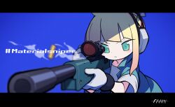  1girl aiming blonde_hair cartridge casing_ejection expressionless fami_(yellow_skies) gloves green_eyes gun highres iris_(material_sniper) jacket letterboxed looking_through_scope material_sniper open_clothes open_jacket ponytail rifle shell_casing sidelocks sniper_rifle solo weapon 