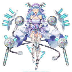  1girl aqua_flower aqua_hair aqua_rose bare_shoulders bouquet breasts cable cleavage collar commentary company_name copyright_notice dated_commentary dress drill_hair drill_sidelocks english_text final_gear flower full_body green_eyes hair_ornament highres holding holding_bouquet light_blush looking_at_viewer mecha_musume mechanical_arms mechanical_foot mechanical_hands mechanical_legs medium_breasts medium_hair no_shoes official_art open_mouth orb purple_flower purple_ribbon purple_rose ribbon rigging rose see-through see-through_cleavage sidelocks simple_background solo tachi-e teeth tomonao tongue tube twisted_hair upper_teeth_only viorate_(final_gear) wavy_hair wavy_sidelocks wedding_dress white_background white_collar white_veil 