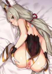 1girl absurdres animal_ears anus ass black_leotard blush brown_eyes censored cleft_of_venus closed_mouth facial_mark fang flat_chest from_above gloves highleg highleg_leotard highres kawakami_rokkaku leotard long_hair looking_at_viewer looking_back low_twintails mosaic_censoring nia_(blade)_(xenoblade) nia_(xenoblade) nintendo presenting pussy smile solo spoilers spread_ass thighhighs thighs top-down_bottom-up twintails white_gloves white_hair white_thighhighs xenoblade_chronicles_(series) xenoblade_chronicles_2 rating:Explicit score:421 user:danbooru