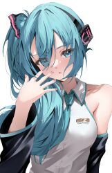  1girl absurdres alternate_hairstyle aqua_eyes aqua_hair aqua_necktie black_sleeves breasts broken_miku&#039;s_tail_(meme) collared_shirt detached_sleeves eyes_visible_through_hair hair_ornament hair_over_one_eye hair_over_shoulder hand_up hashtag-only_commentary hatsune_miku highres kaede_nekoshima long_hair long_sleeves looking_at_viewer meme necktie parted_lips photo-referenced shirt side_ponytail simple_background sleeveless sleeveless_shirt solo upper_body vocaloid white_background white_shirt wide_sleeves 
