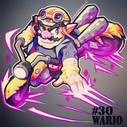  1boy artist_name blue_shirt character_name cleft_chin facial_hair fingerless_gloves gloves grin helmet male_focus motor_vehicle motorcycle motorcycle_helmet mustache nintendo on_motorcycle pointy_ears quas-quas shirt simple_background smile super_smash_bros. thick_eyebrows wario warioware yellow_gloves 