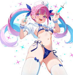  1girl :d ahoge anchor_symbol aqua_nails bikini blue_bikini blue_bow blue_bowtie blue_hair blue_ribbon bow bow_bikini bow_legwear bowtie braid breasts colored_inner_hair commentary_request cowboy_shot cross_print digital_thermometer dongchuan drill_hair fingernails from_below gluteal_fold hair_ribbon hands_up hat highres holding holding_syringe hololive long_hair looking_at_viewer medium_breasts minato_aqua multicolored_hair nail_polish navel nurse_cap open_mouth paid_reward_available pink_eyes pink_hair puffy_short_sleeves puffy_sleeves ribbon short_sleeves shrug_(clothing) side-tie_bikini_bottom smile solo sparkle standing stomach streaked_hair string_bikini swimsuit syringe teeth thermometer thighhighs twin_drills twintails two-tone_hair underboob upper_teeth_only very_long_hair virtual_youtuber white_background white_thighhighs wristband 